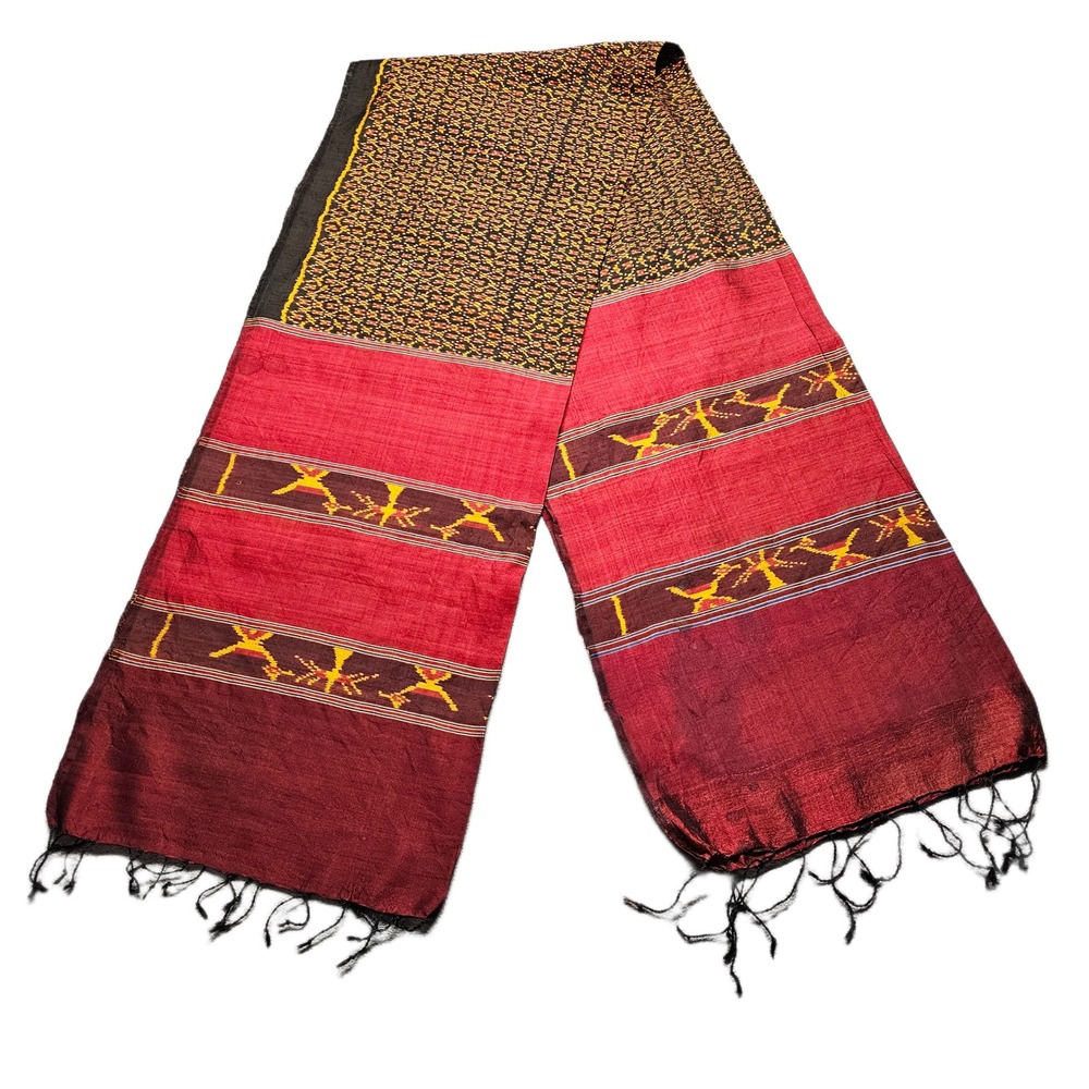 Handwoven Silk Ikat Scarf Womens Red Black Tribal Geometric Fringed Edges 72x21